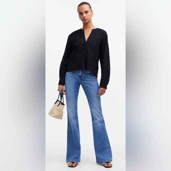 Madewell Long Sleeve Popover Top Black Eyelet Women's Size Medium New With Tags - Picture 2 of 11